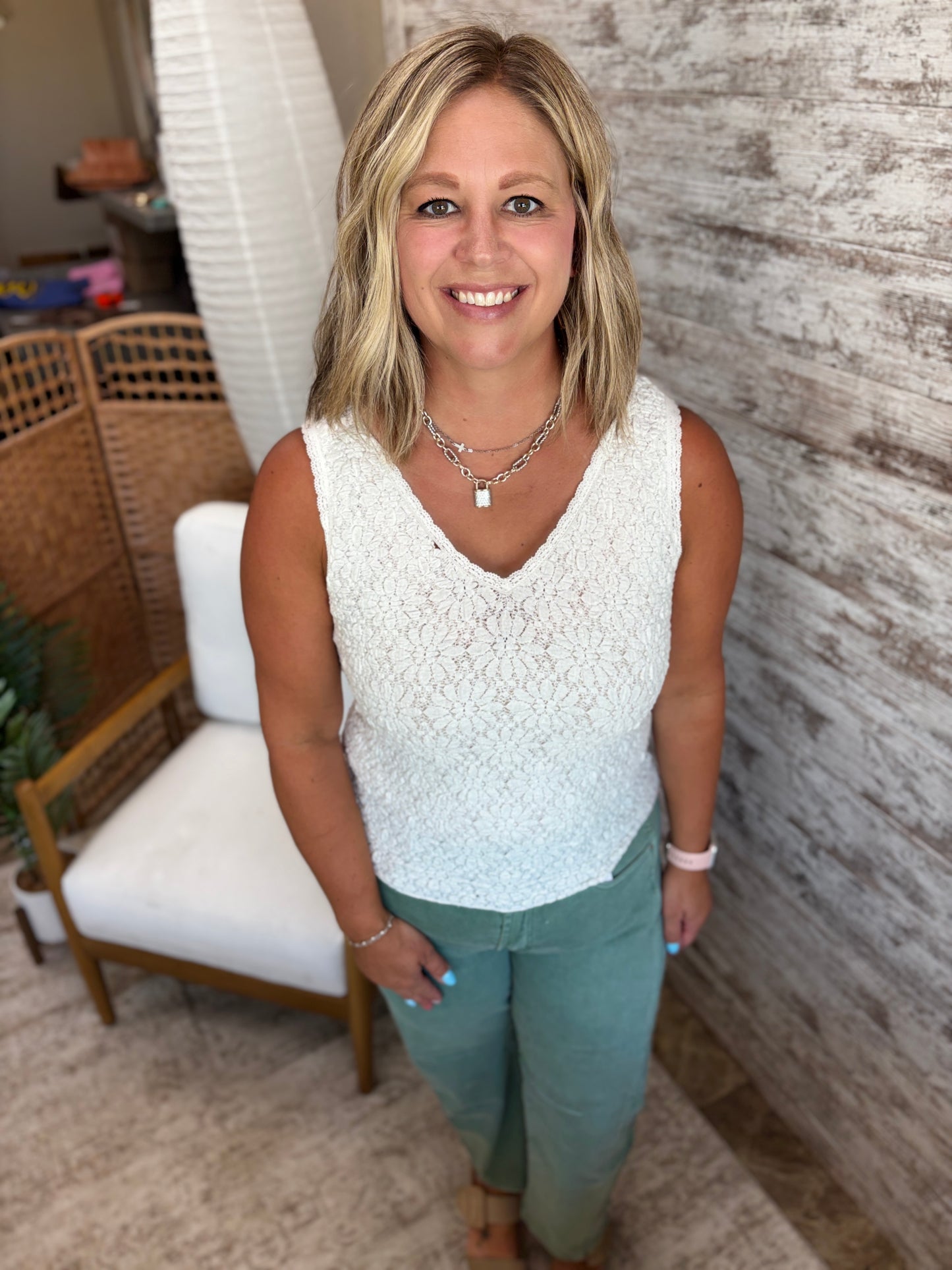 White Crinkle Top with Lace Trim
