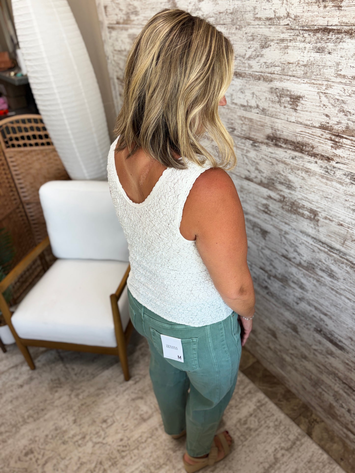 White Crinkle Top with Lace Trim