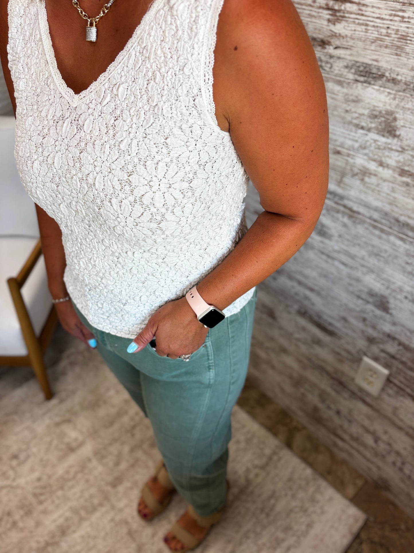 White Crinkle Top with Lace Trim