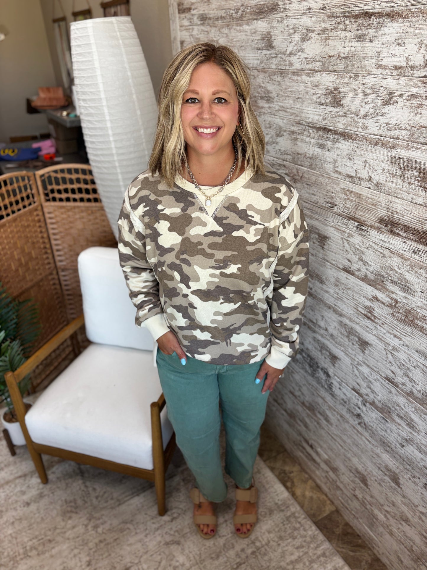 Olive/ECRU Camo Print Terry Crew