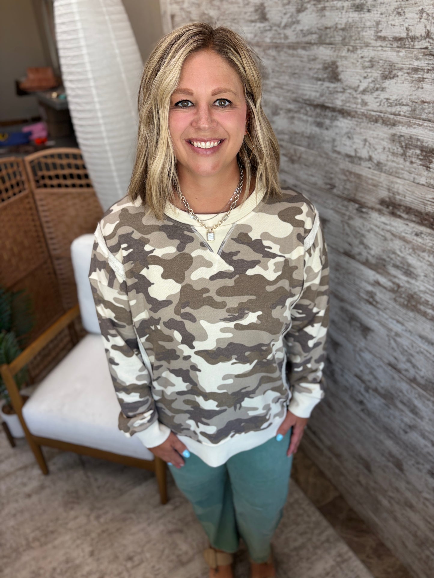 Olive/ECRU Camo Print Terry Crew