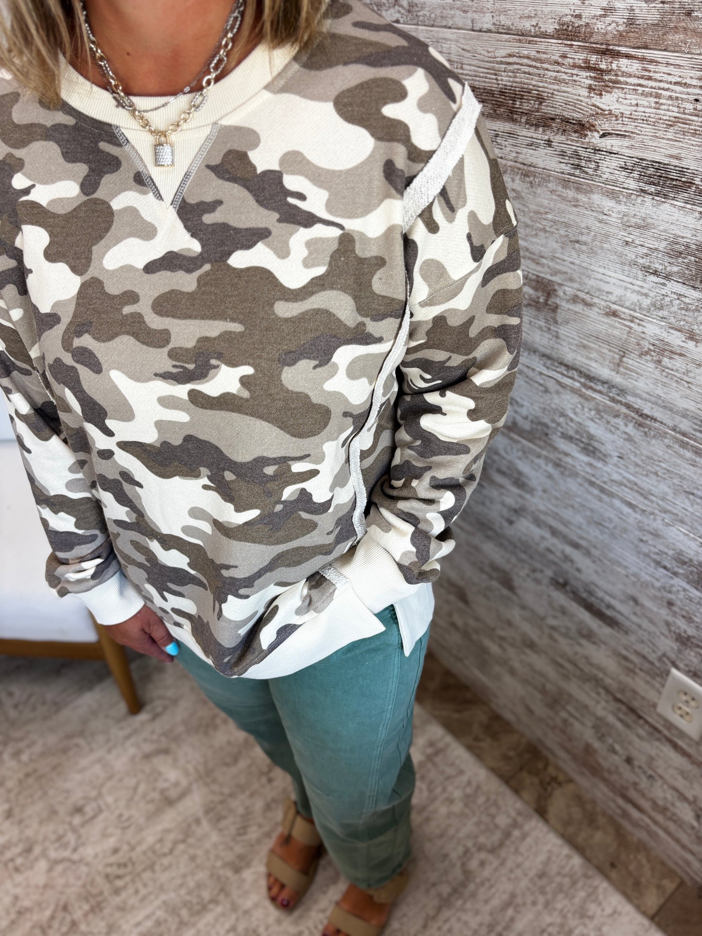 Olive/ECRU Camo Print Terry Crew