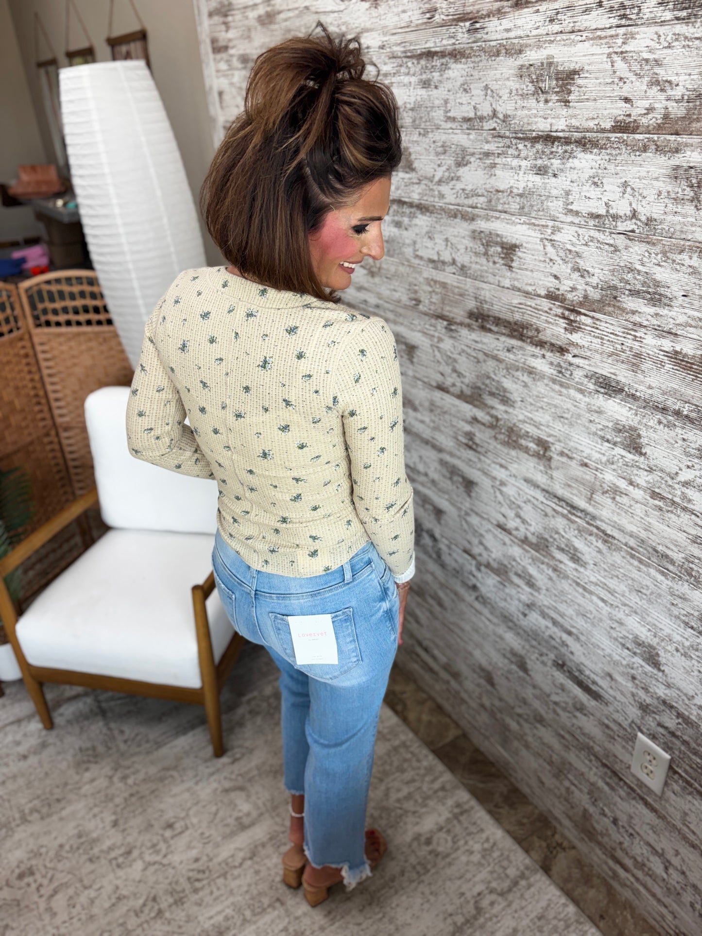 Khaki Floral Waffle Button Down Knit Top