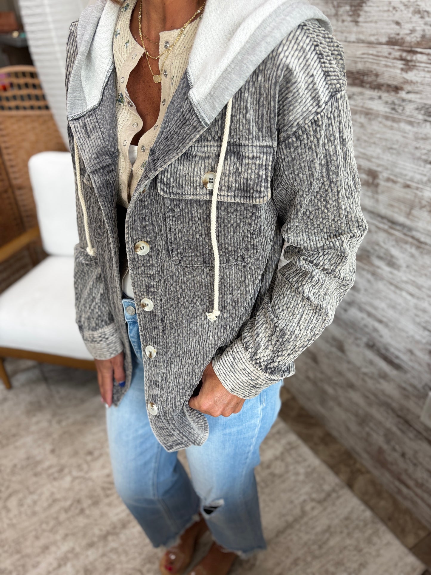 Slate Snow Wash Corduroy Twofer Shacket