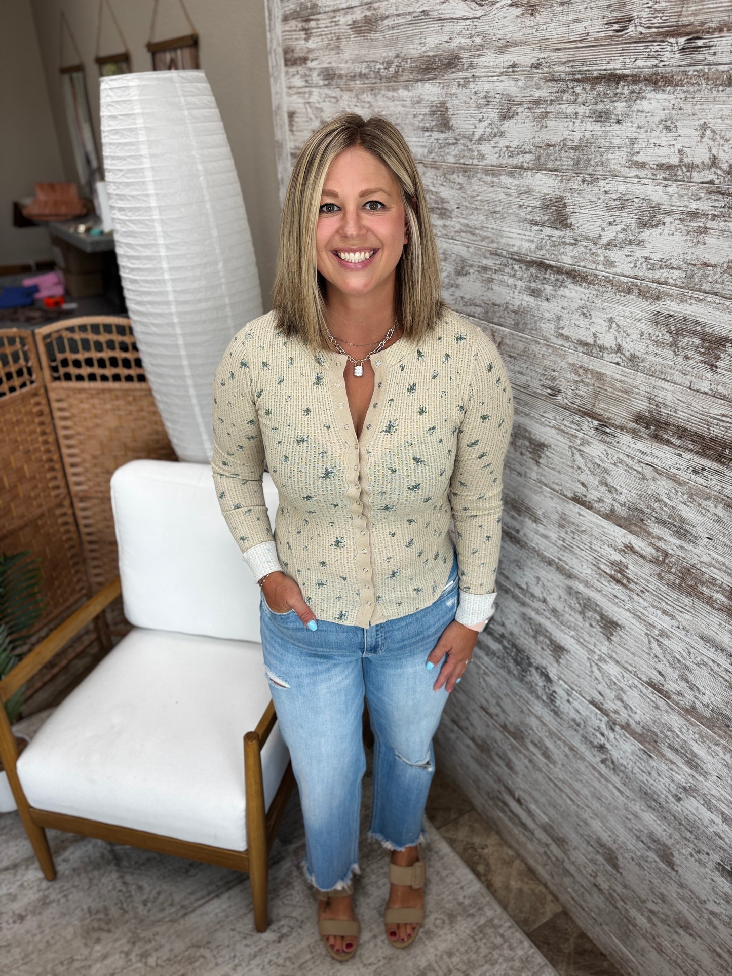 Khaki Floral Waffle Button Down Knit Top