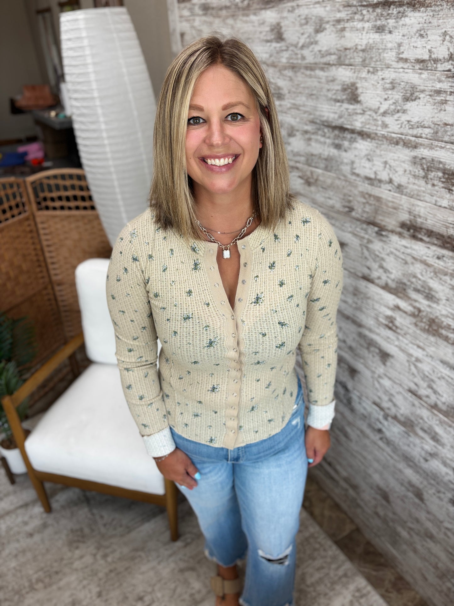 Khaki Floral Waffle Button Down Knit Top
