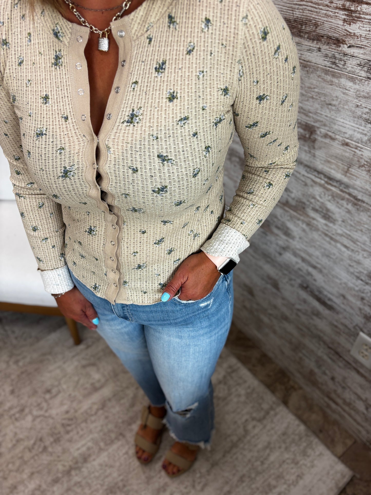 Khaki Floral Waffle Button Down Knit Top