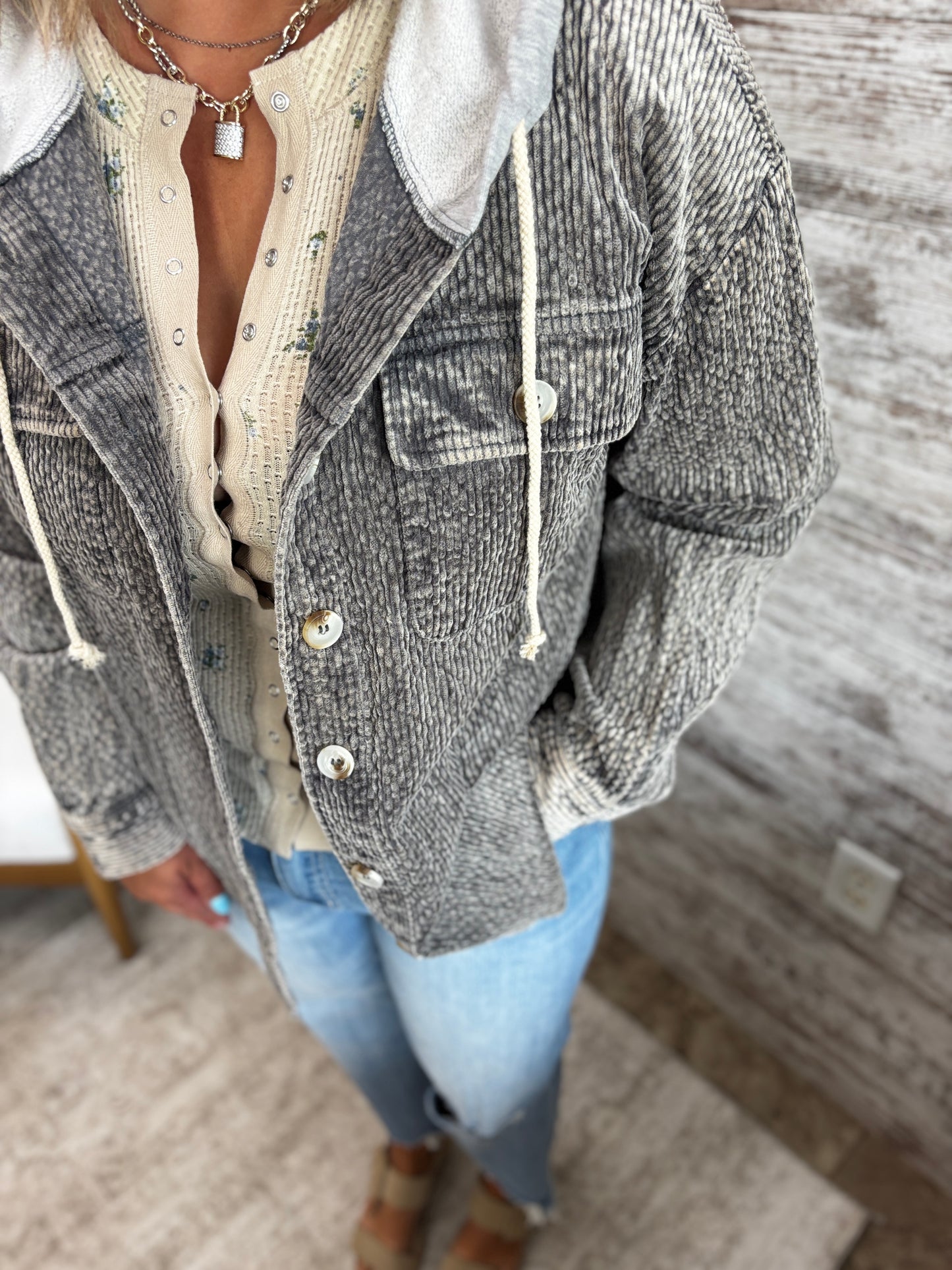 Slate Snow Wash Corduroy Twofer Shacket