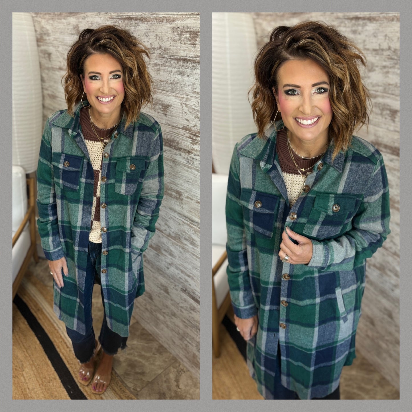 Green Plaid Long Button Down Top