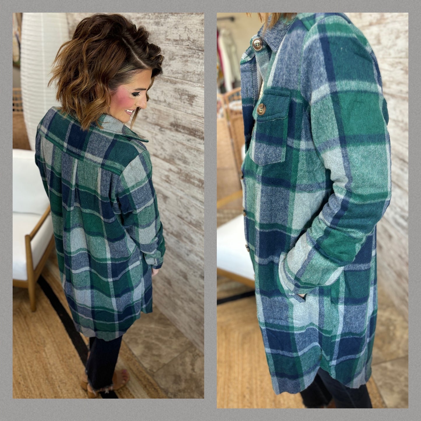 Green Plaid Long Button Down Top