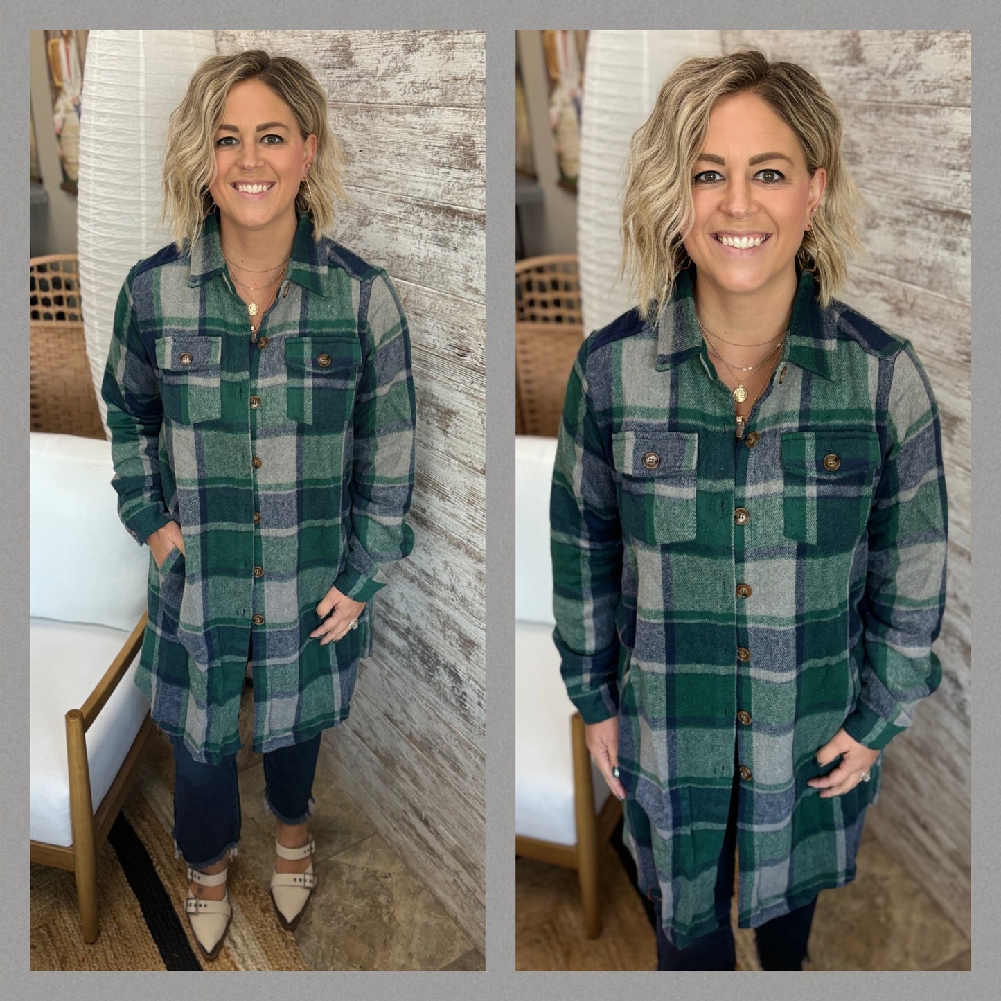 Green Plaid Long Button Down Top