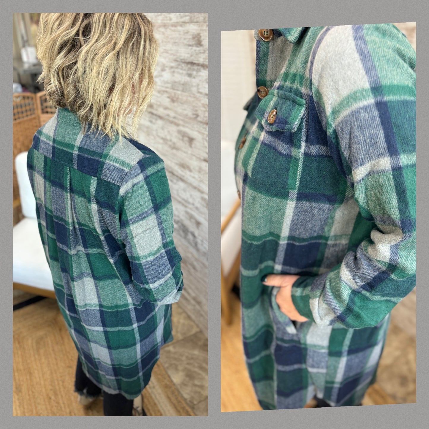 Green Plaid Long Button Down Top