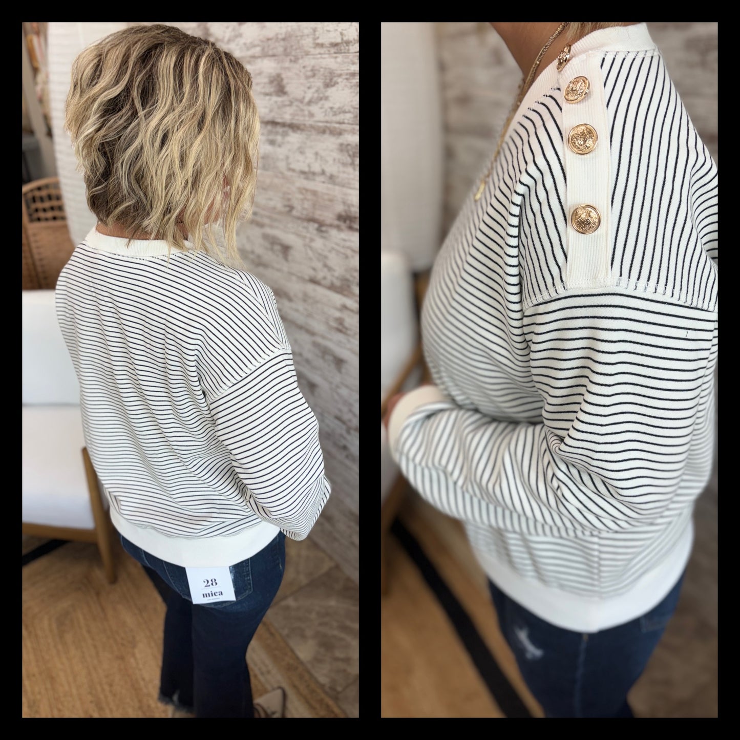 White and Black Pullover Button Sweatshirt