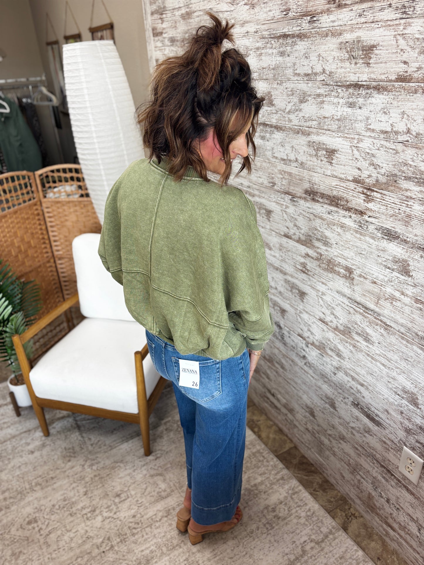 Light Olive Acid Washed Fleece Zip Jacket
