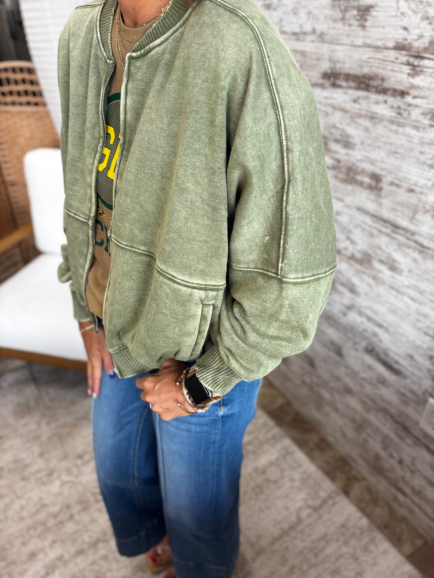 Light Olive Acid Washed Fleece Zip Jacket