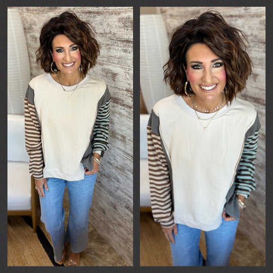 Ecru/Olive Mix Stripe Dolman Sleeve Top