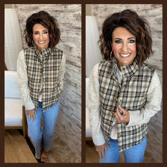 Brown Plaid Puff Vest