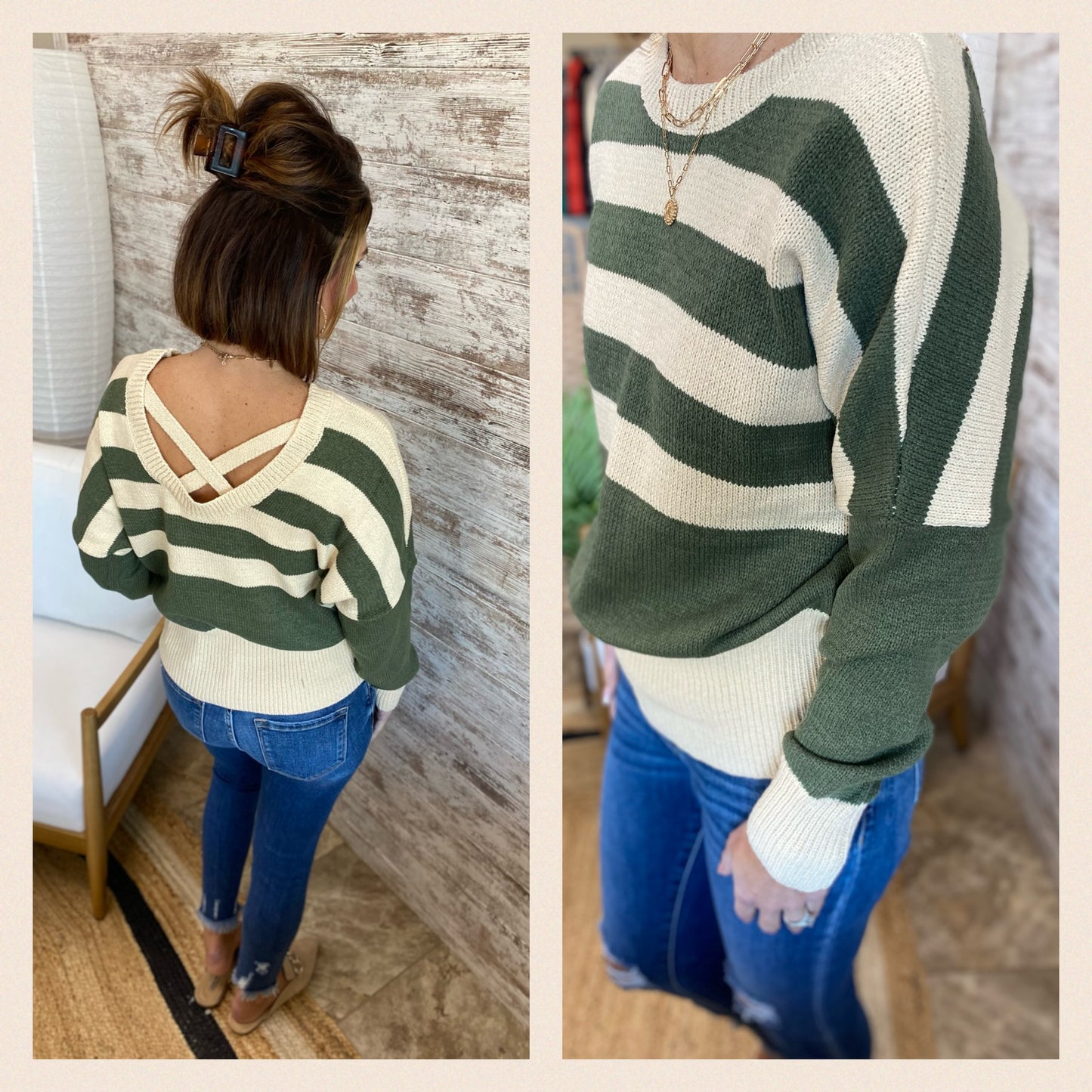 Olive Criss Cross Stripe Sweater