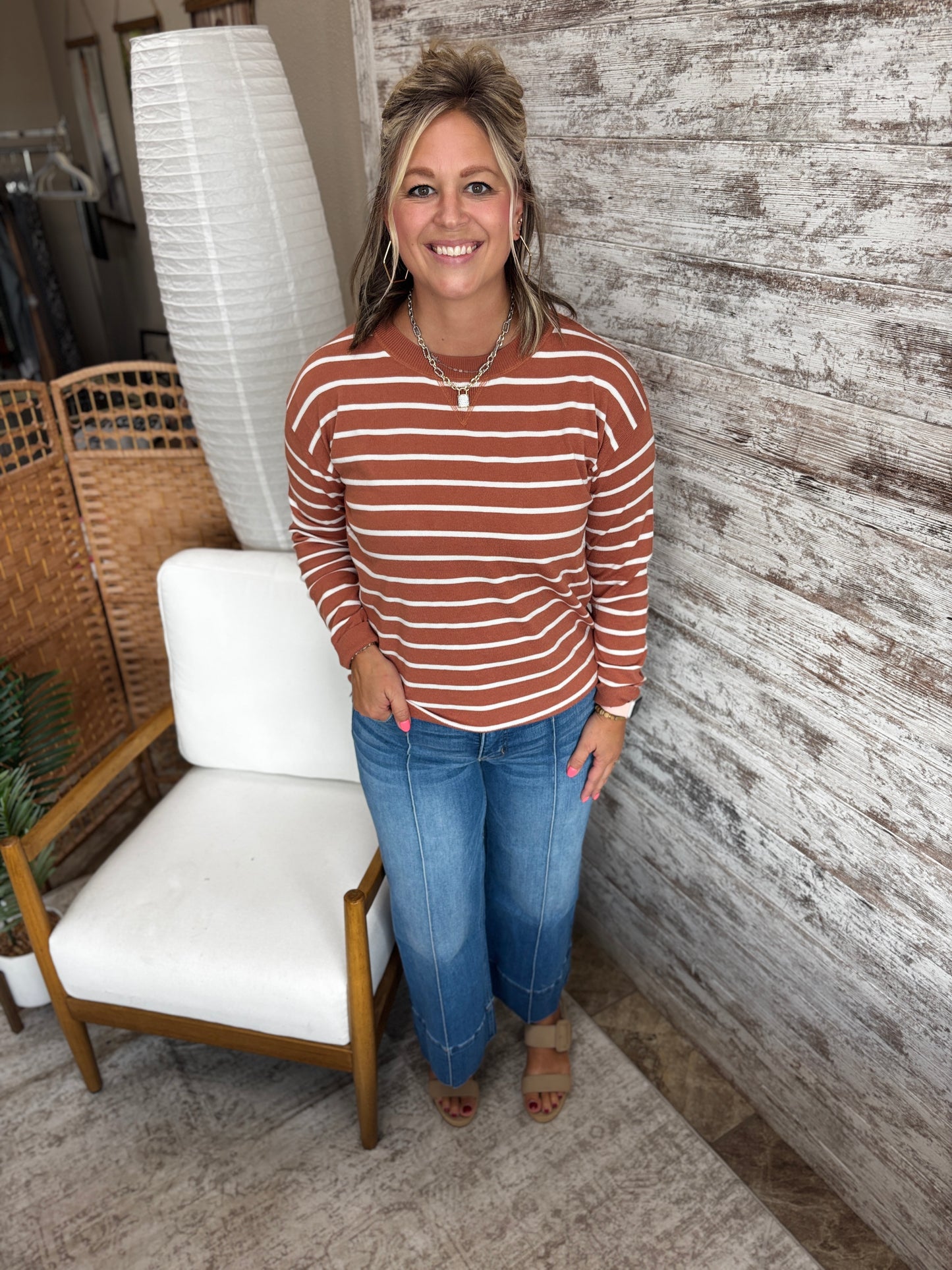 Light Rust Striped Pullover Sweater