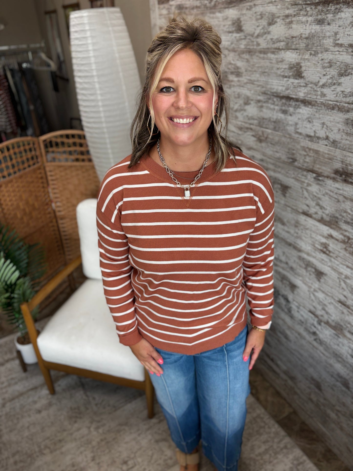 Light Rust Striped Pullover Sweater