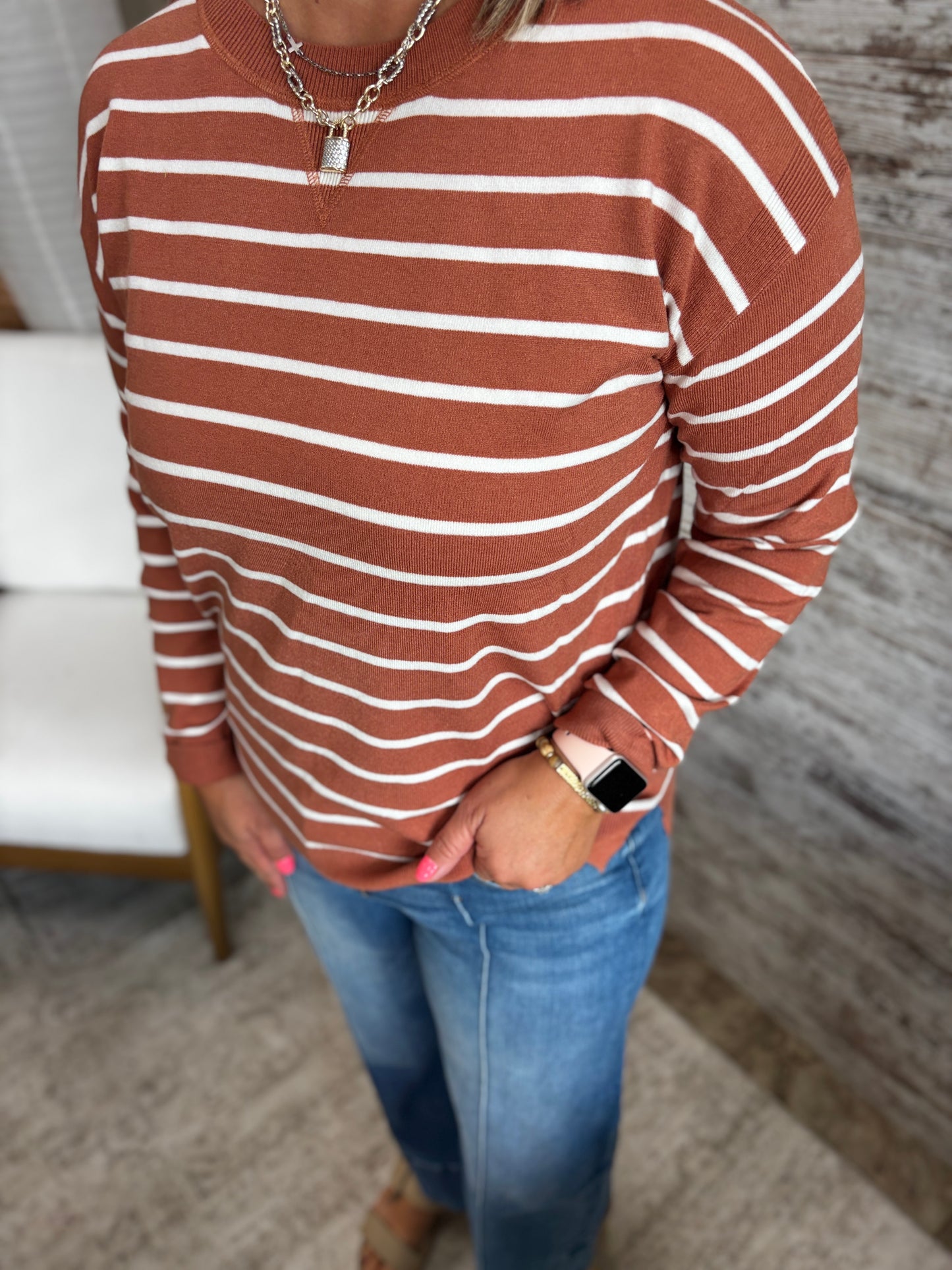Light Rust Striped Pullover Sweater