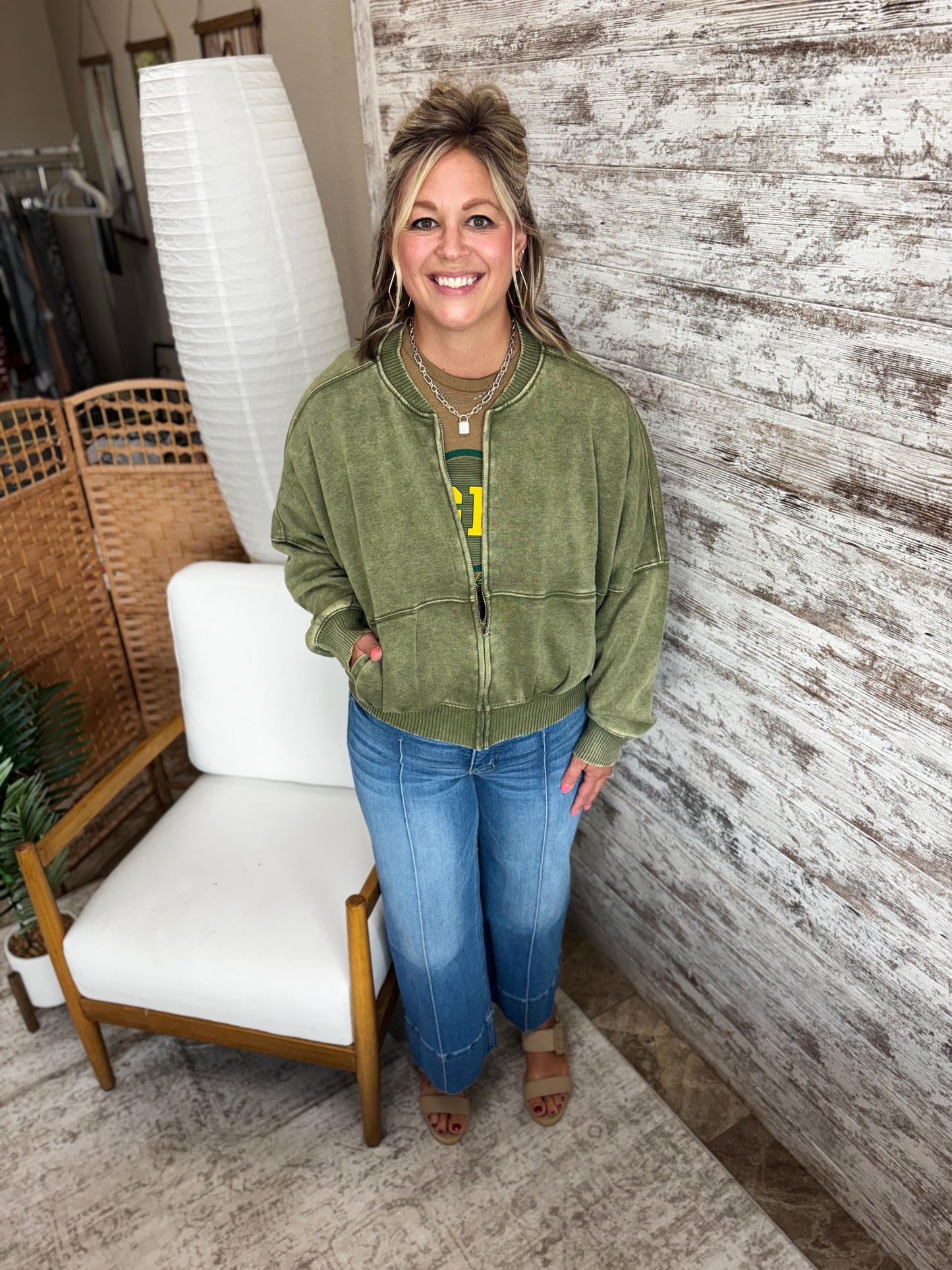 Light Olive Acid Washed Fleece Zip Jacket