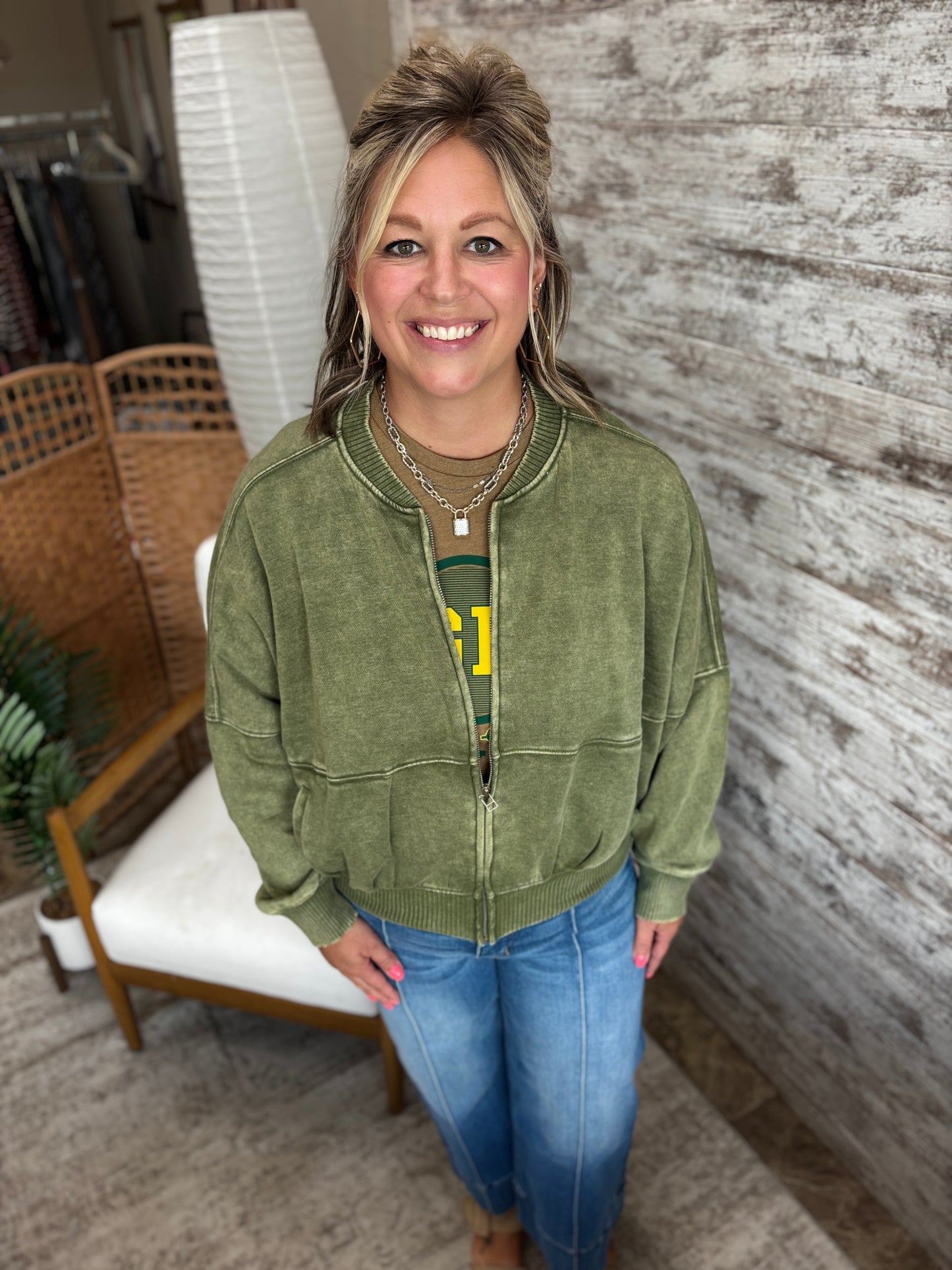 Light Olive Acid Washed Fleece Zip Jacket