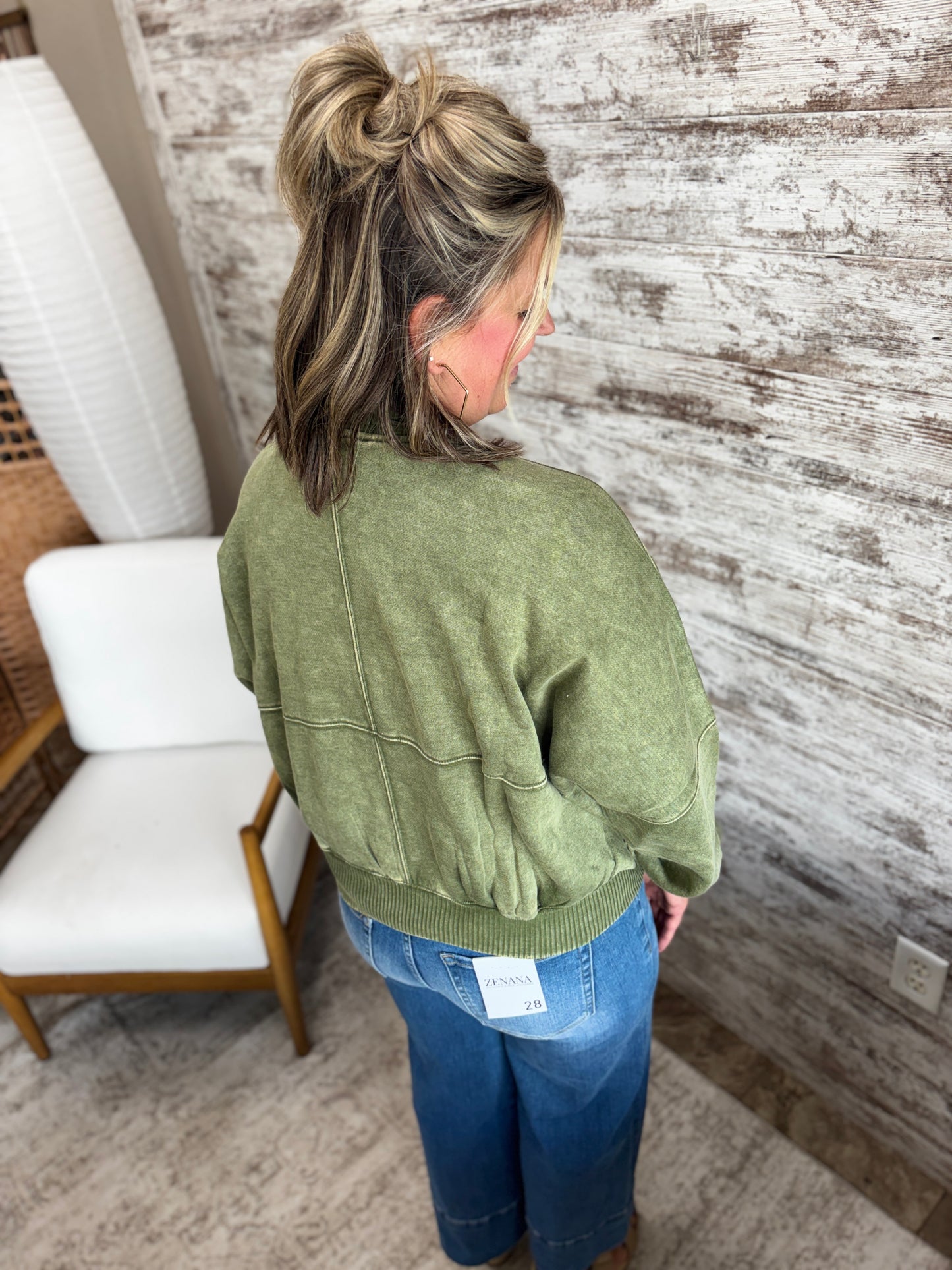 Light Olive Acid Washed Fleece Zip Jacket