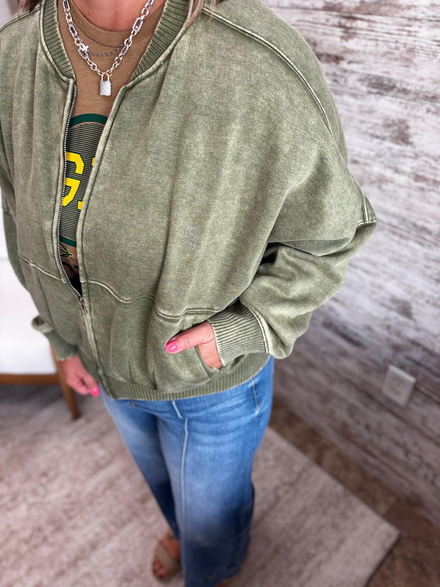 Light Olive Acid Washed Fleece Zip Jacket