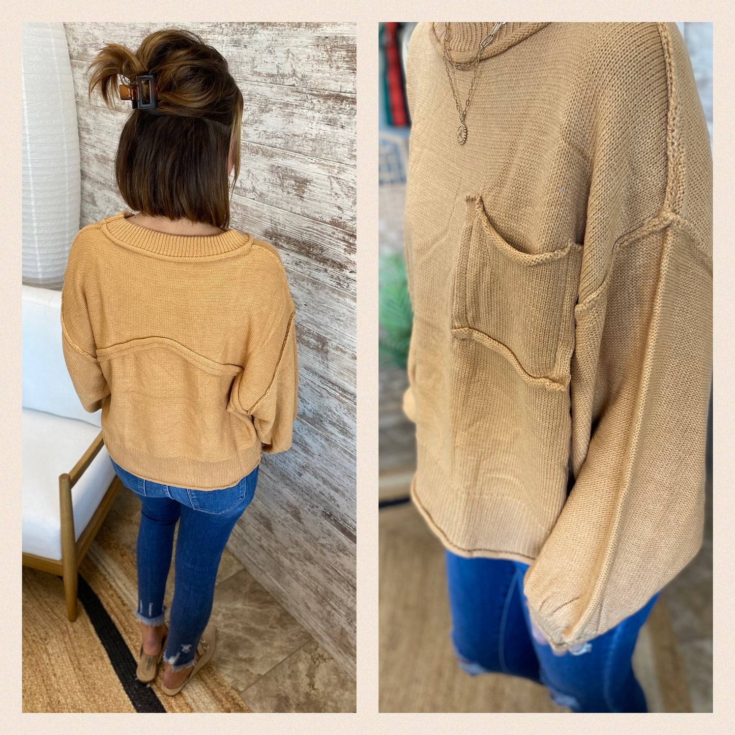 Latte Sweater with Raw Edge and Pocket