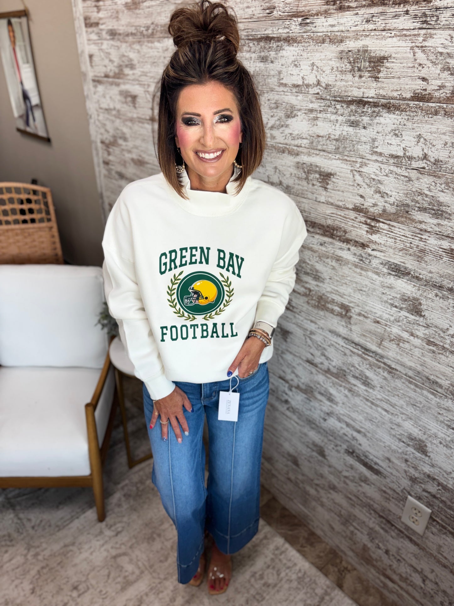 Green Bay Football Cream Pennant Juliet Mockneck Crew