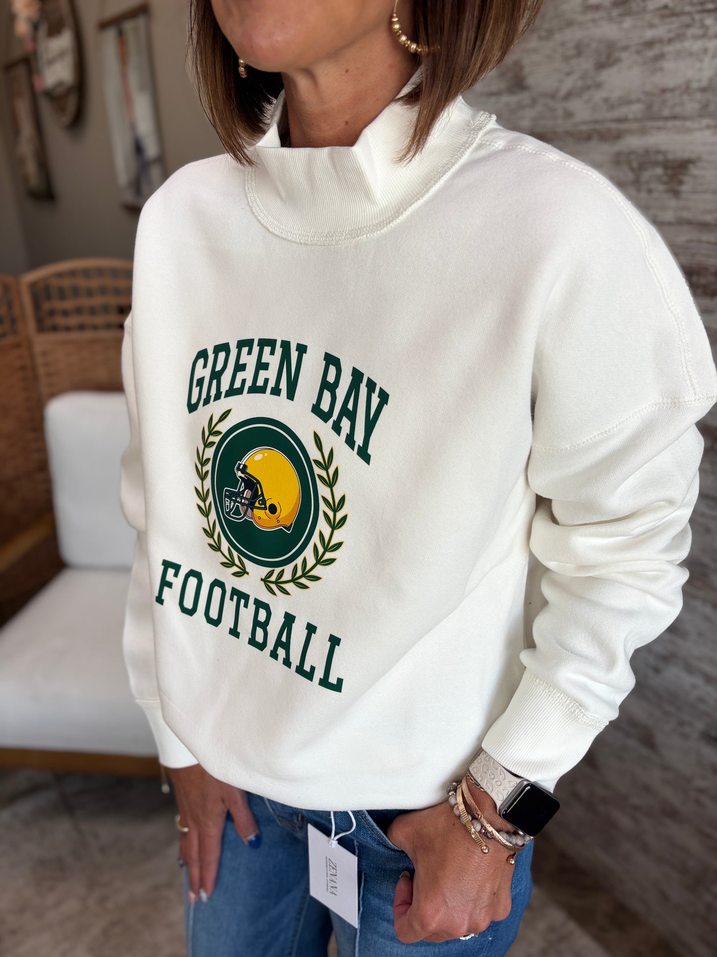 Green Bay Football Cream Pennant Juliet Mockneck Crew