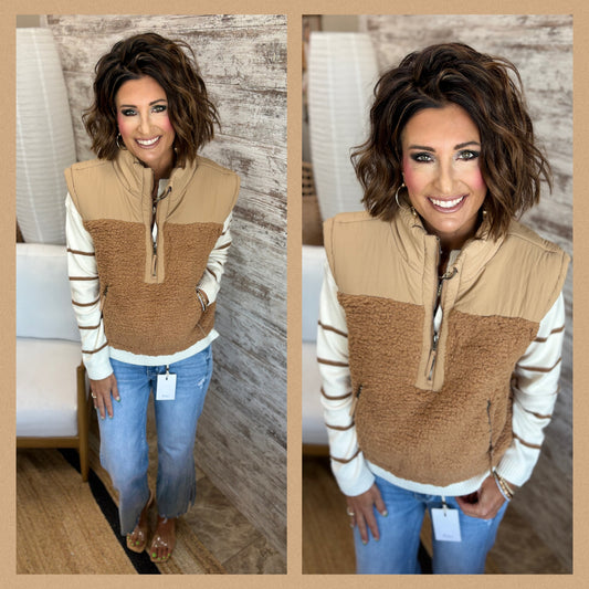 Camel Sherpa Half Zip Vest