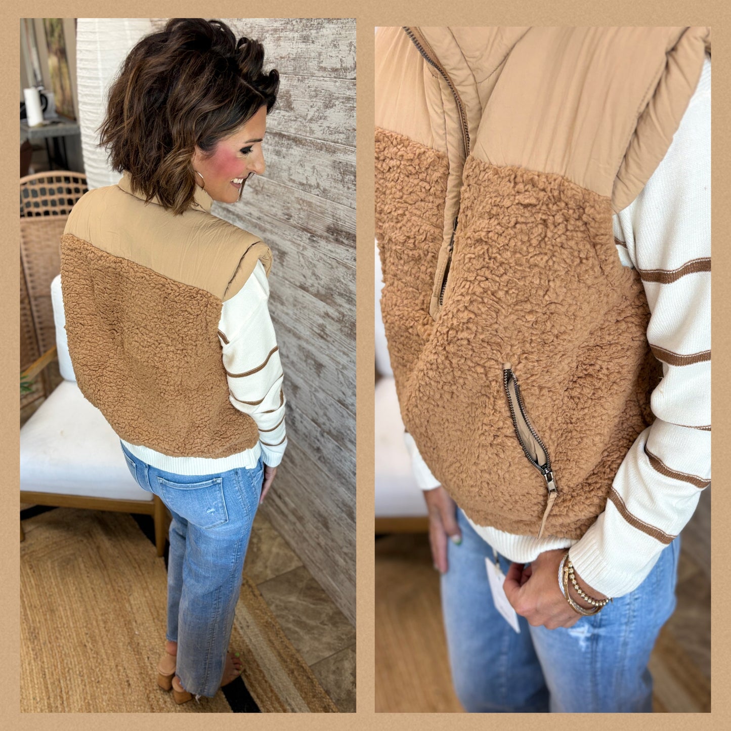 Camel Sherpa Half Zip Vest