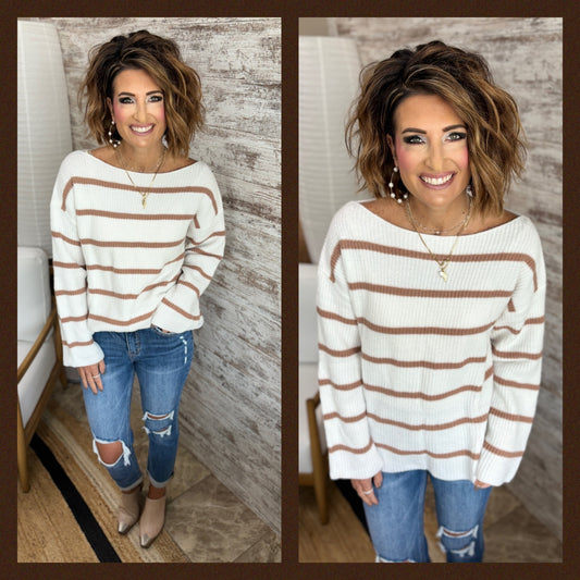 Ivory/Coco Striped Ribbed Sweater