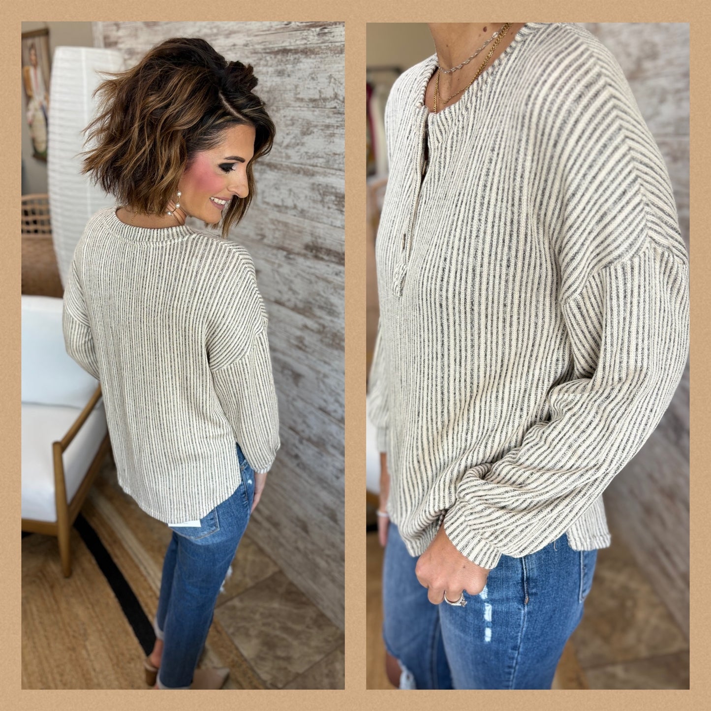 Taupe half button Striped Knit