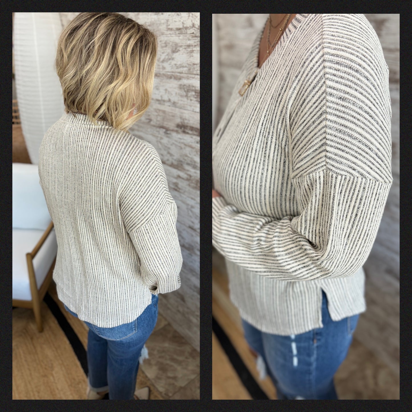 Taupe half button Striped Knit