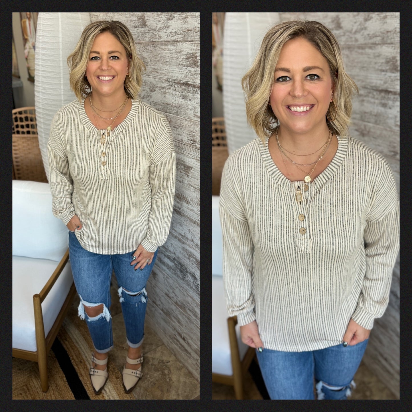 Taupe half button Striped Knit