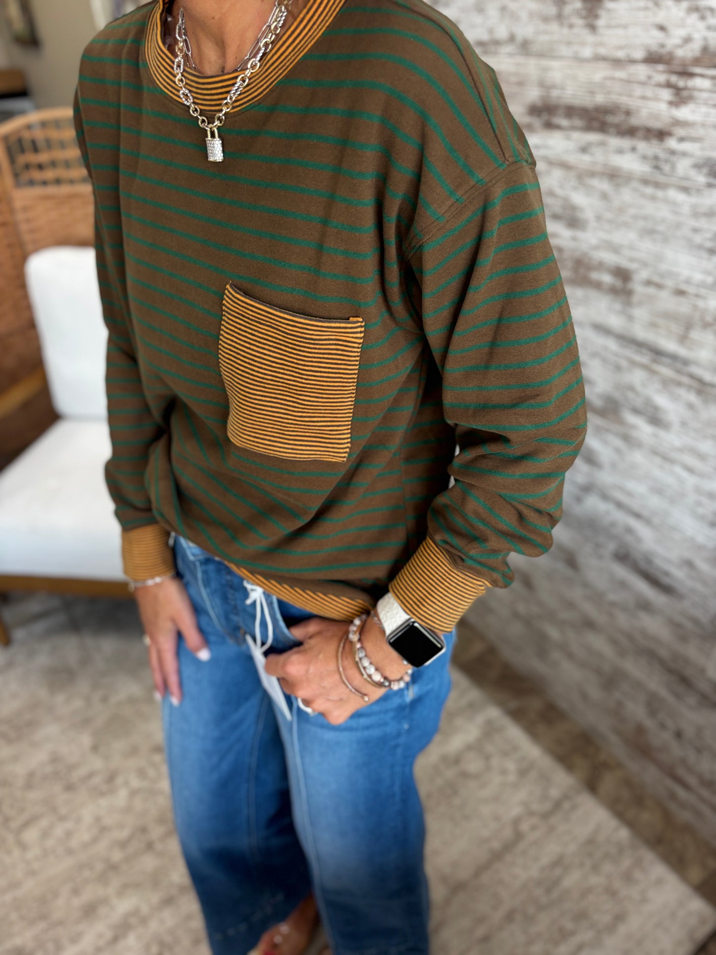 Cocoa Striped Micro Brushed Crew