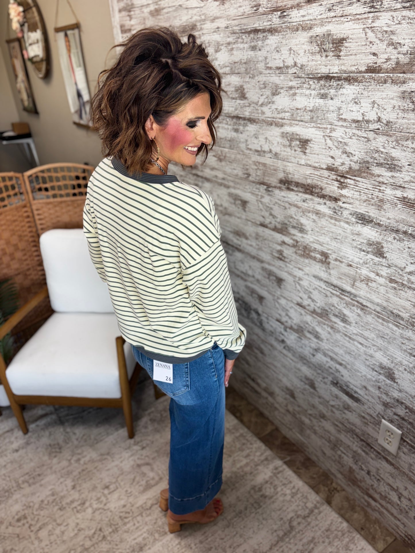 Ivory/Olive Striped Micro Brushed Crew