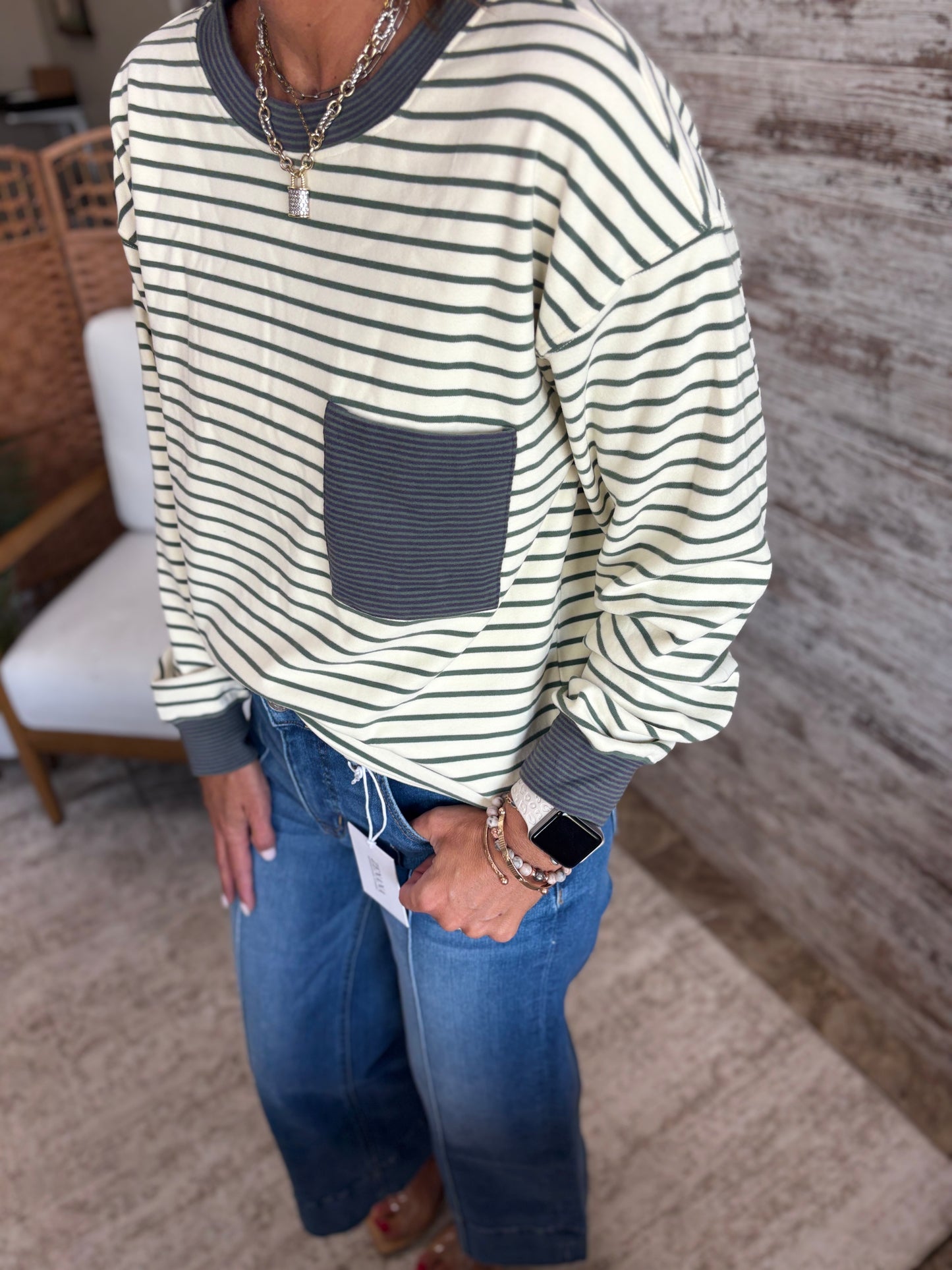 Ivory/Olive Striped Micro Brushed Crew