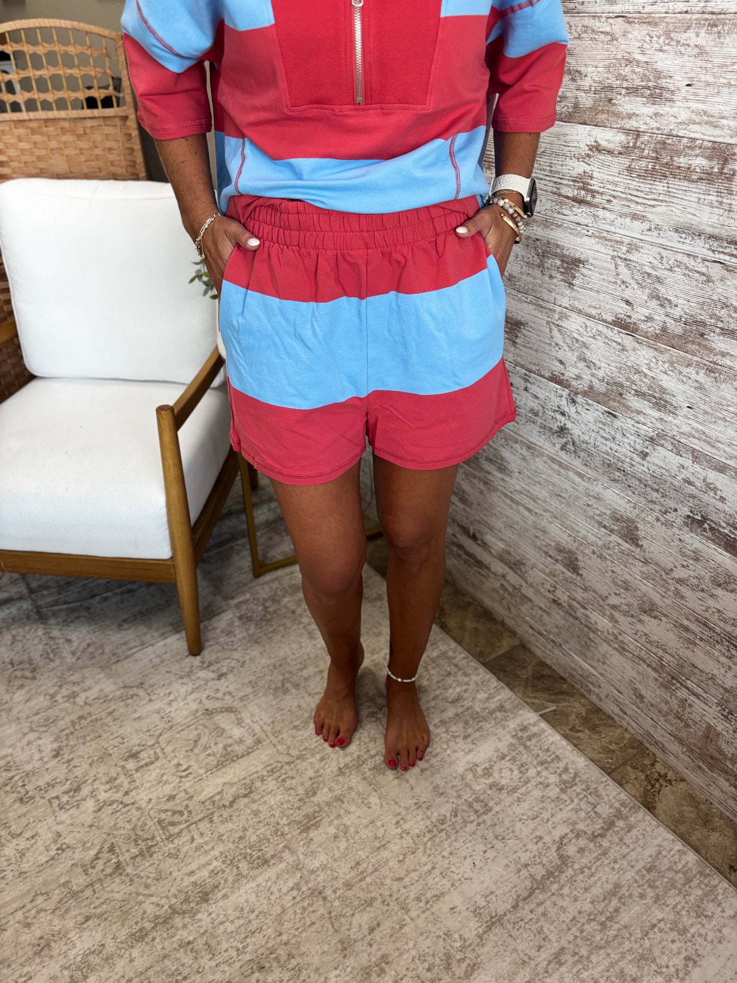 Brick/Blue Striped Half Zip Set