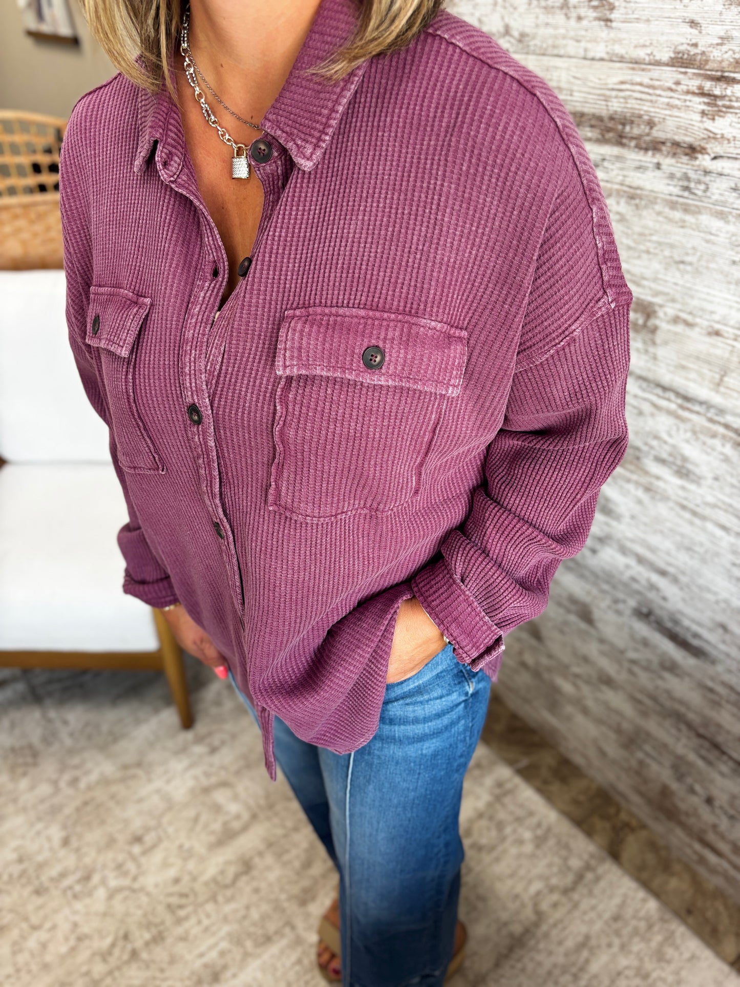 Dark Cherry Waffle Knit Shacket