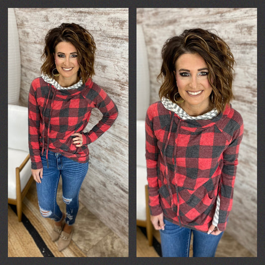 Buffalo Plaid Double Hoodie Fleece Top