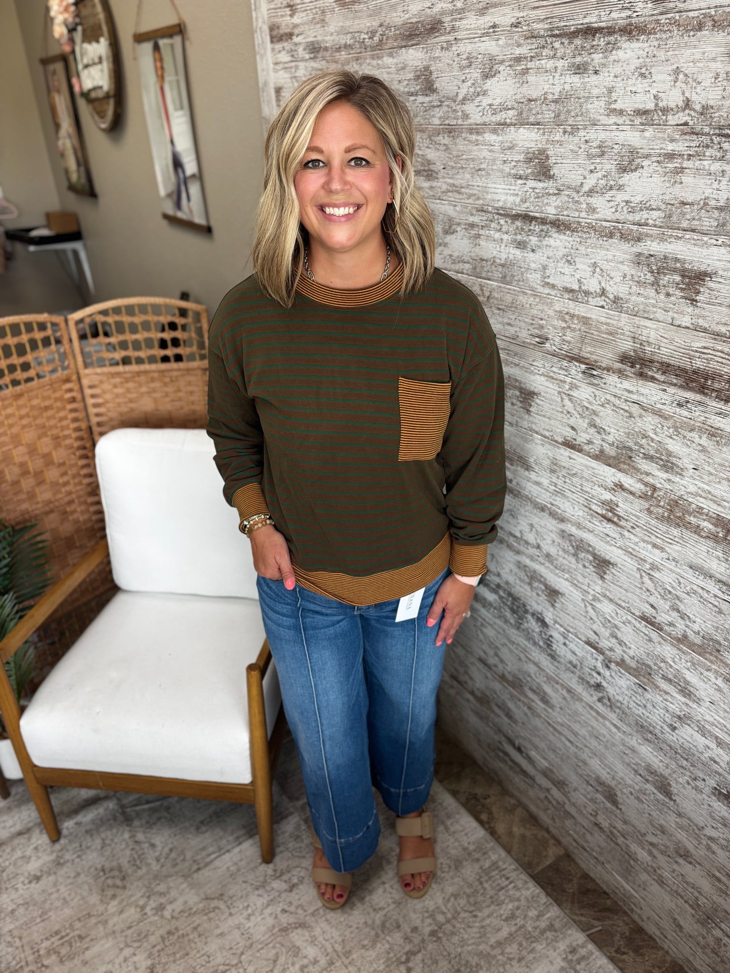 Cocoa Striped Micro Brushed Crew