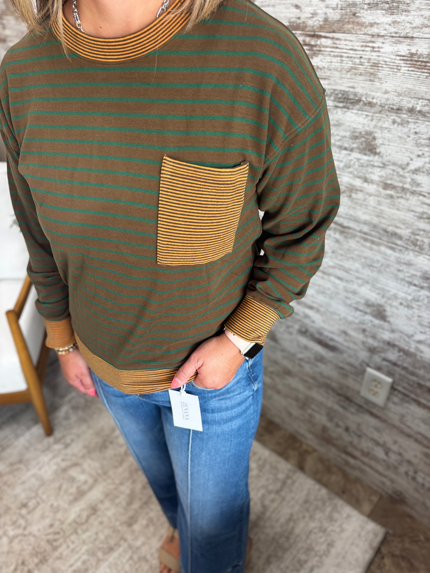 Cocoa Striped Micro Brushed Crew