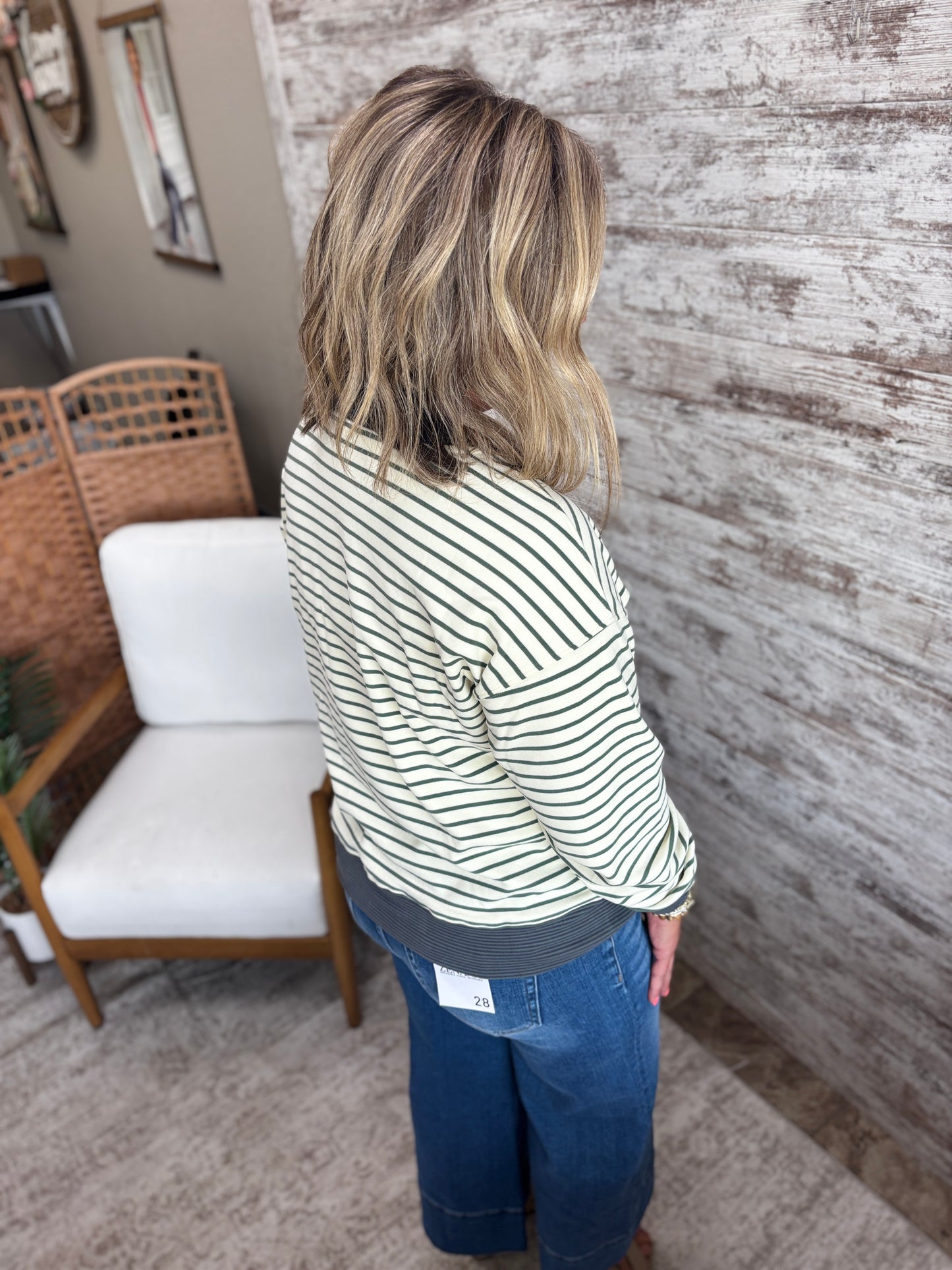 Ivory/Olive Striped Micro Brushed Crew