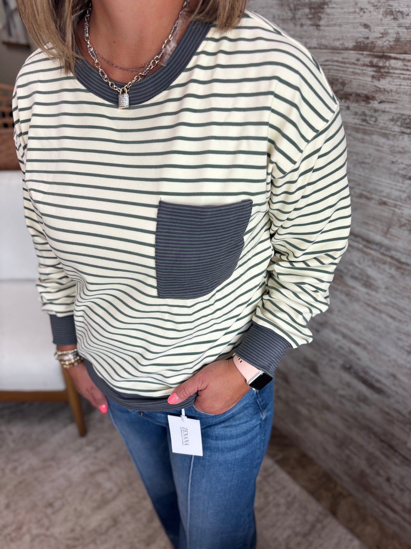 Ivory/Olive Striped Micro Brushed Crew