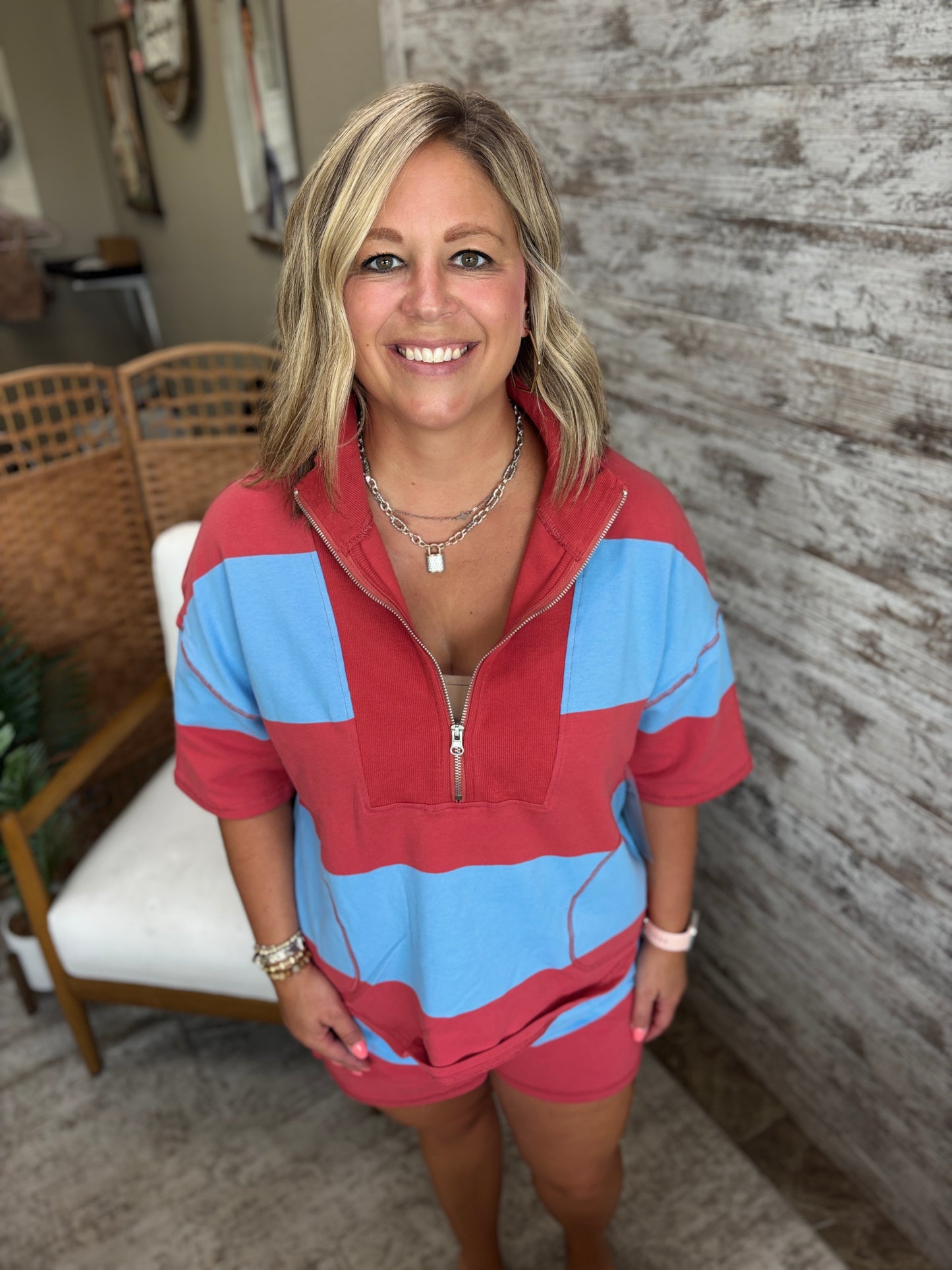 Brick/Blue Striped Half Zip Set