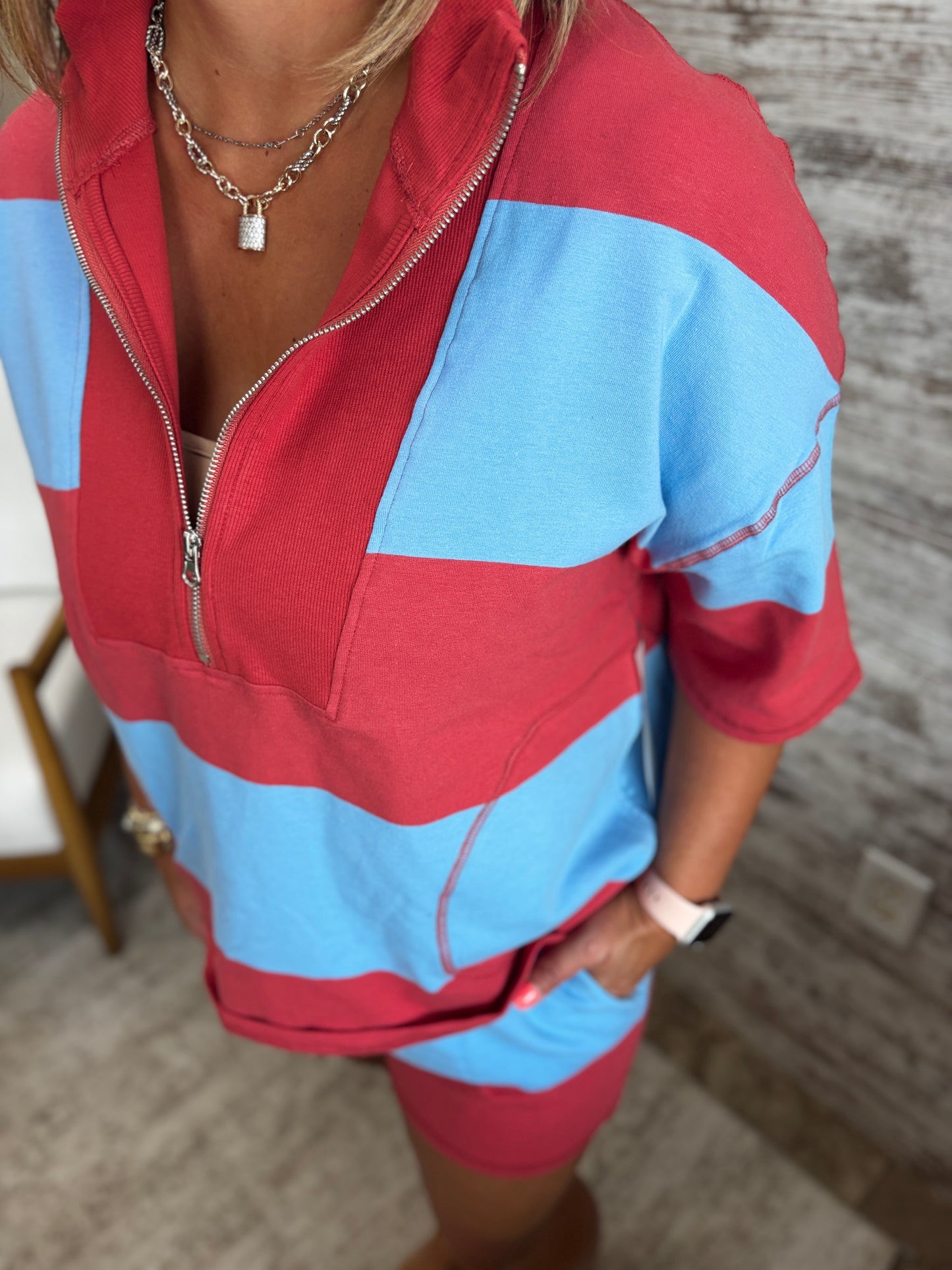 Brick/Blue Striped Half Zip Set
